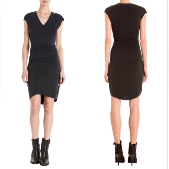 Helmut Lang Dresses & Skirts - Helmut Lang Torrent Dress Washed Black Ruched V Neck Midi Size Small
